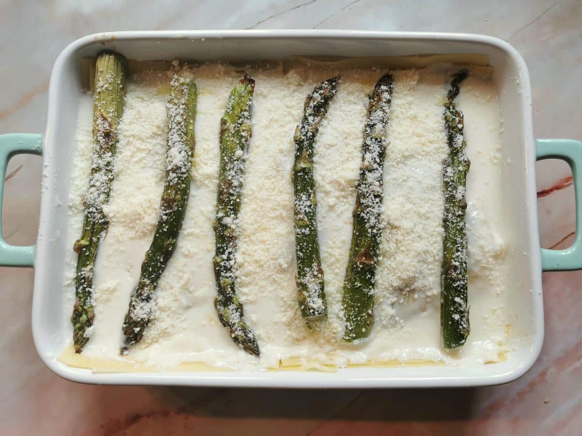Top layer of asparagus lasagna with béchamel, grated cheese and whole asparagus spears.