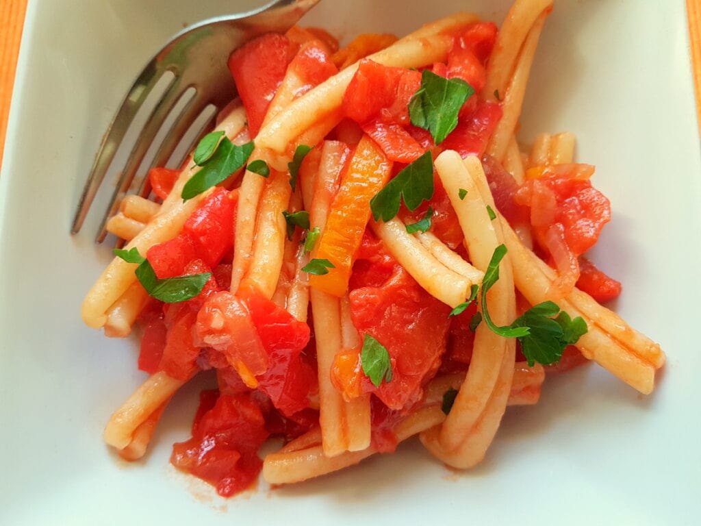 Pasta with peperonata a southern Italian summer pasta recipe.