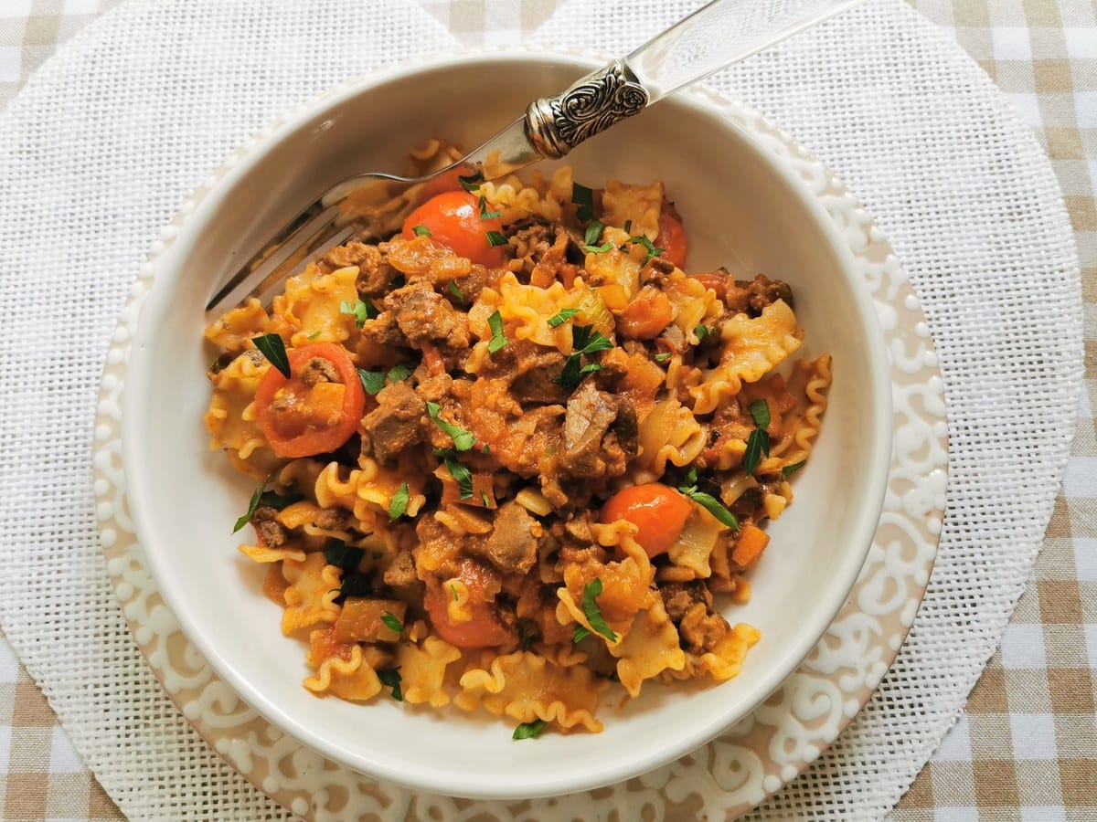 Chicken liver pasta with porcini mushrooms.