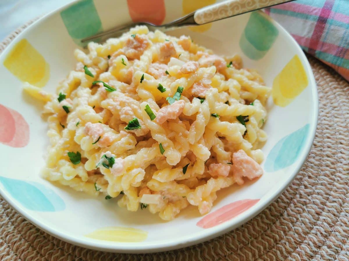 Creamy smoked salmon pasta.