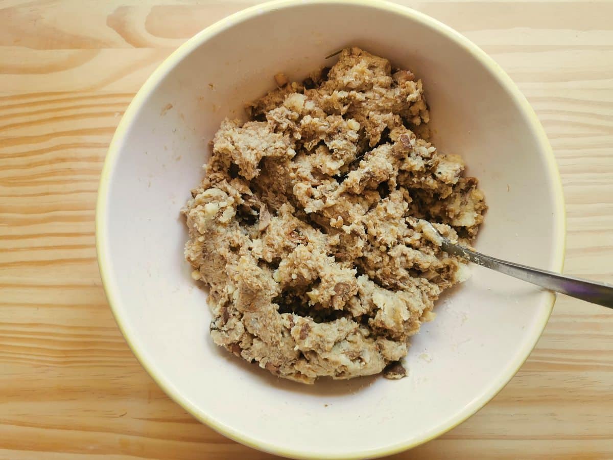 Mushroom and potato filling in a bowl.