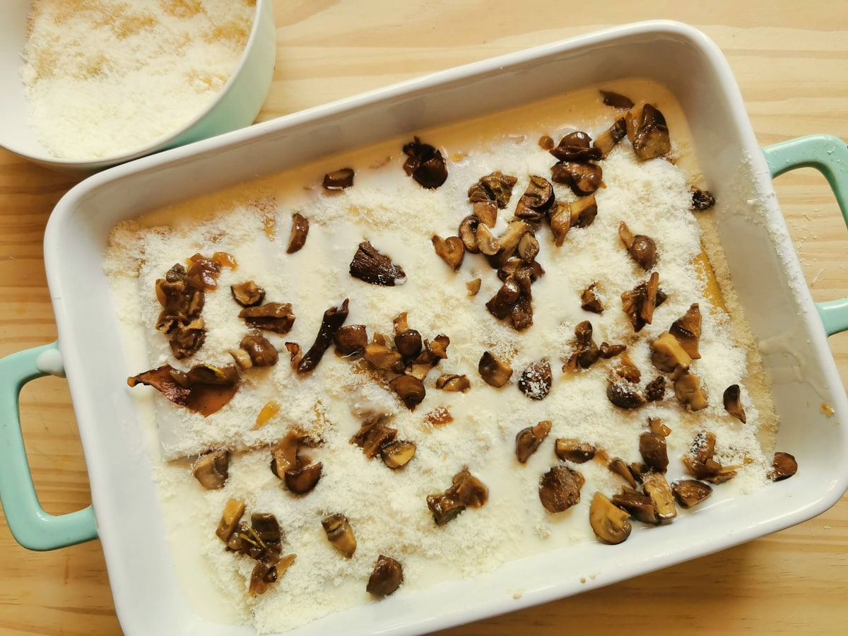 Mushroom cannelloni in a baking dish with bechamel, parmesan and a mushroom topping.