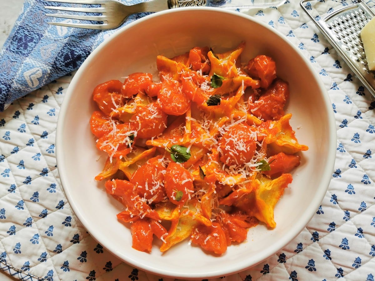 Fagottini pasta with eggplant and mozzarella.