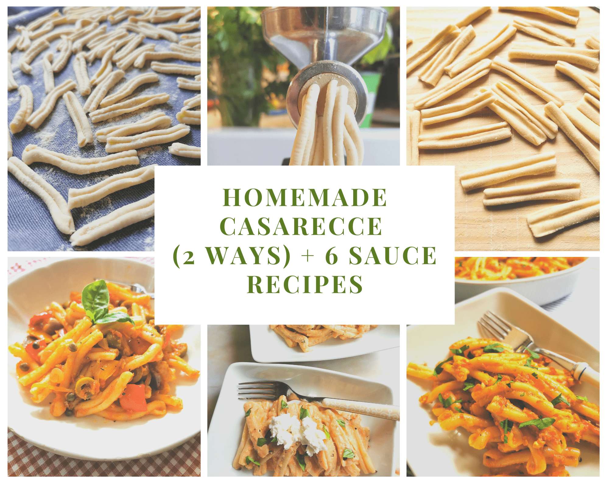 homemade casarecce 2 ways with 6 sauces