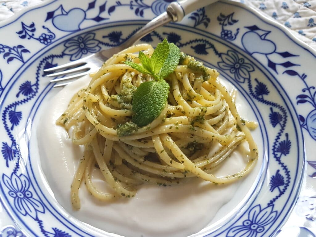 Linguine with mint pesto and ricotta cream.