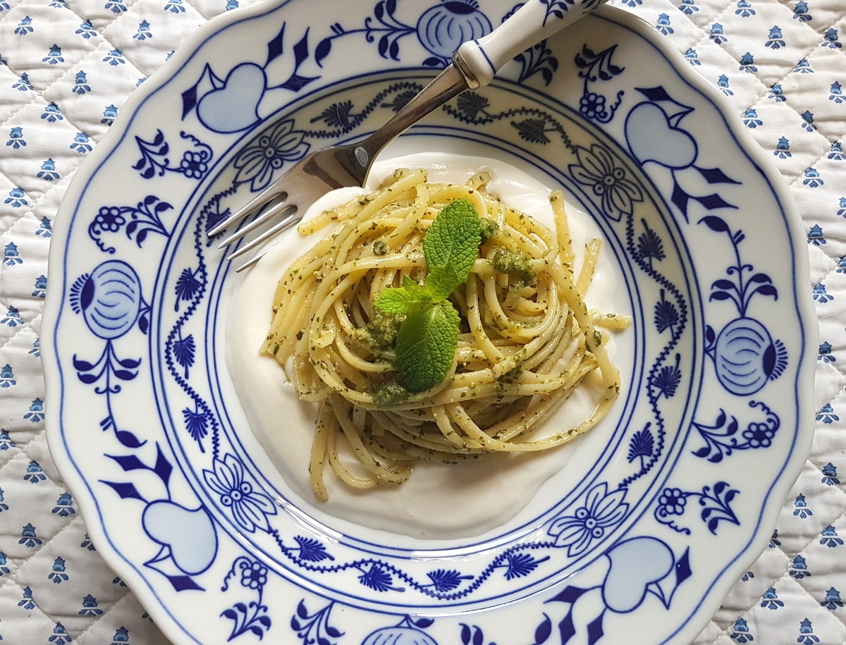 Pasta with mint pesto and ricotta cream.