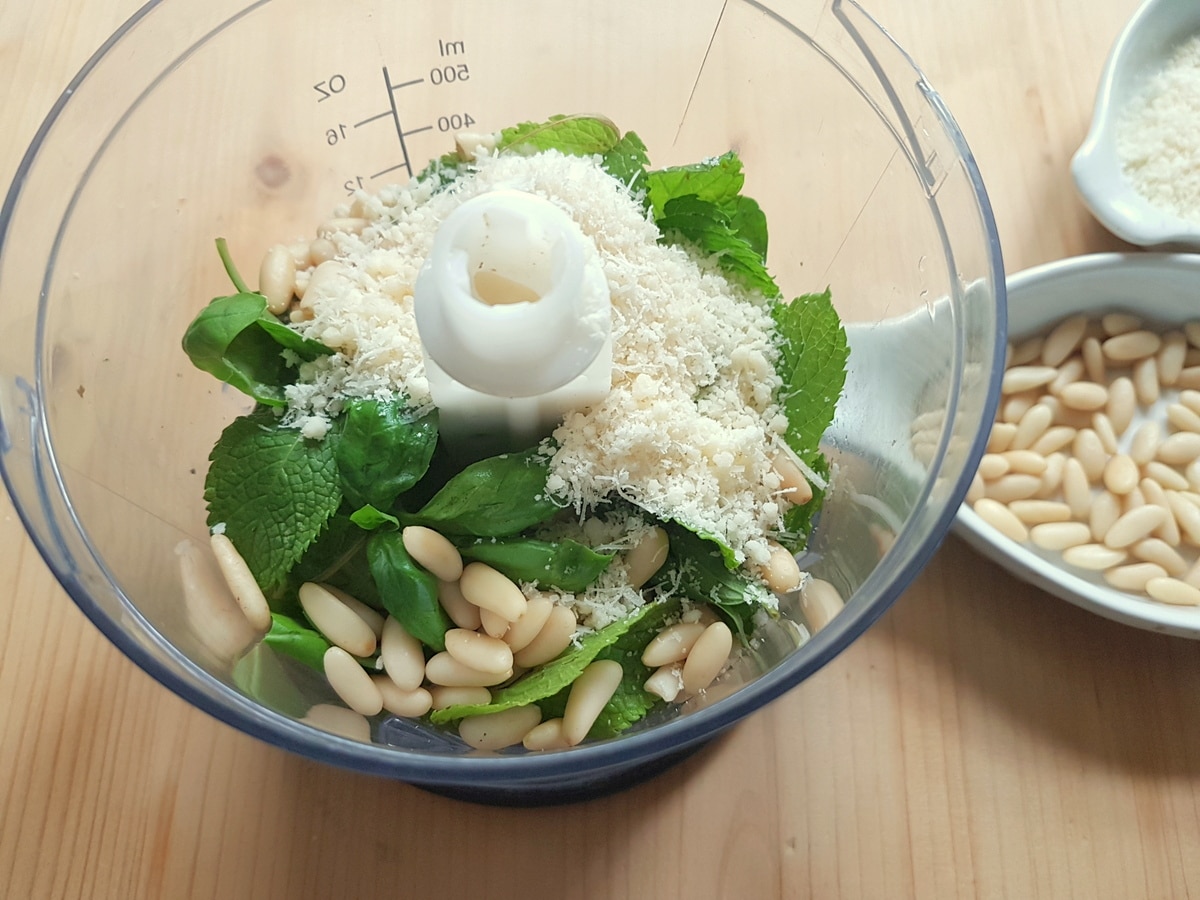 Mint leaves, basil leaves, pine nuts, grated Parmigiano Reggiano and salt in a food processor.