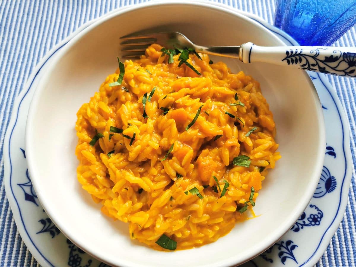 Orzo risotto pasta with squash in a bowl.
