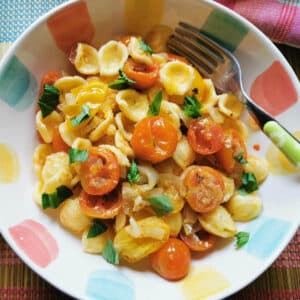 Orecchiette pasta with roasted cherry tomatoes.