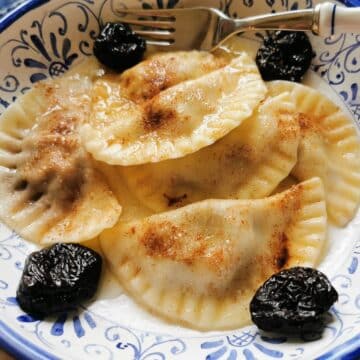 Sweet prune and fig ravioli in a bowl.