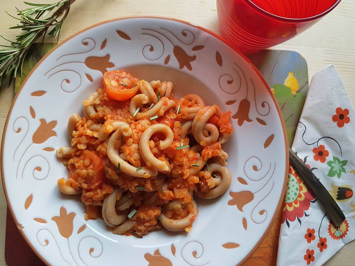 Vegan red lentil ragu with whole wheat pasta.