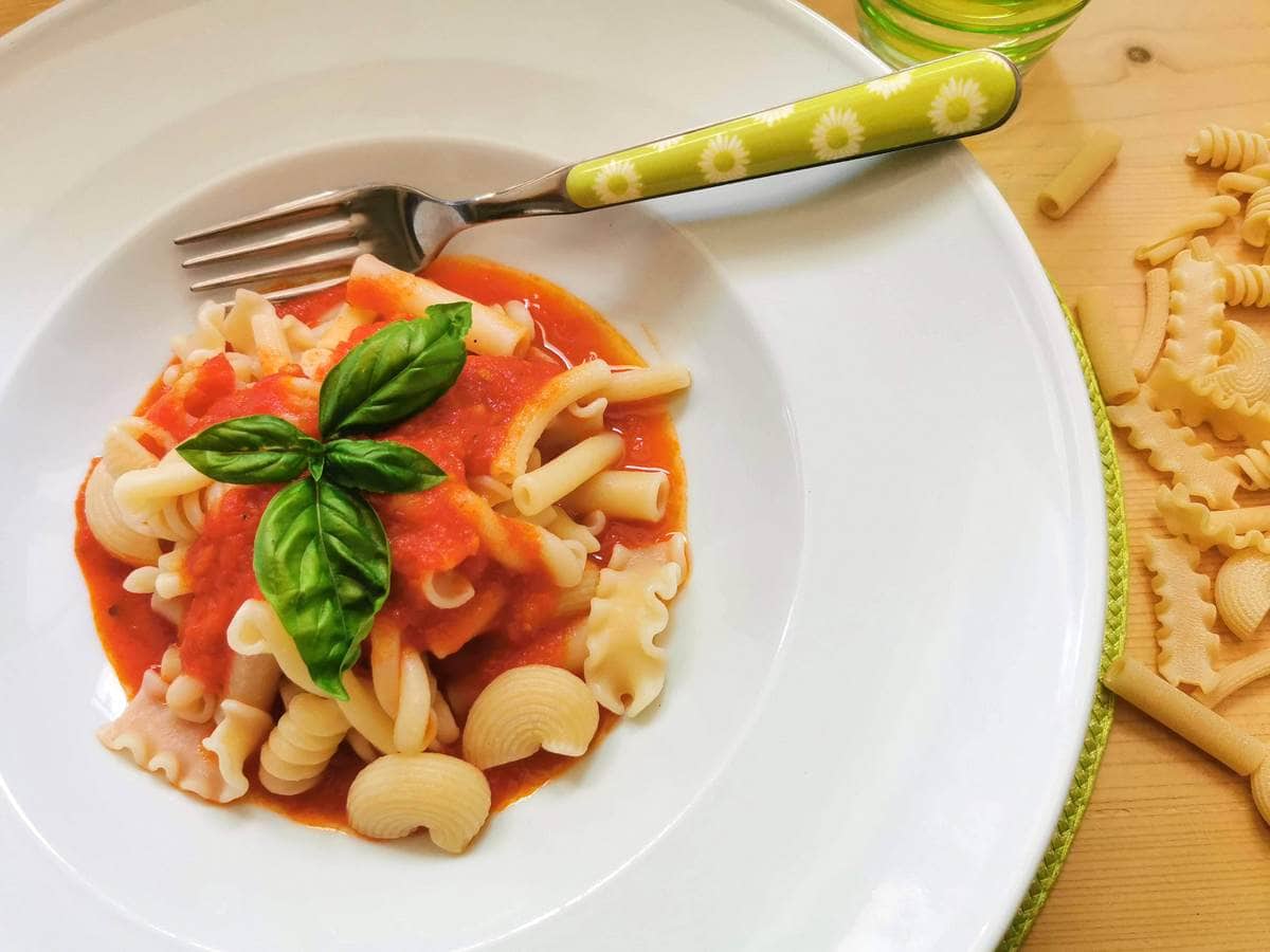 Vegan Tuscan pomarola tomato sauce with mixed pasta.